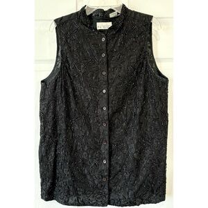 Vintage 90s “Together” Black Beaded 100% Cotton Mandarin Top Size 10